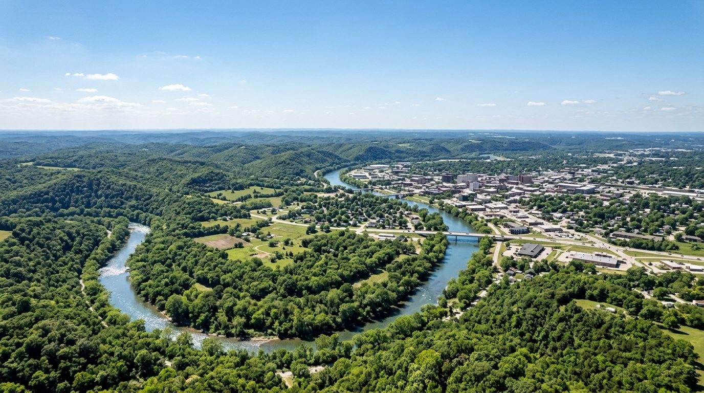 Springfield, MO — Rolling Ozark hills dotted with forest and a winding, spring-fed river cutting past a low-rise Midwestern