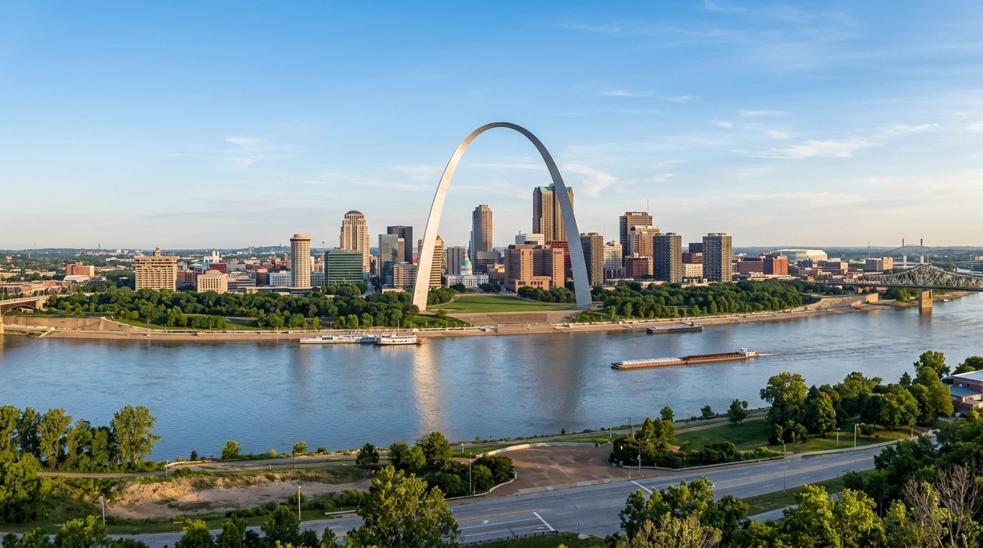St. Louis, MO — A wide photorealistic panorama of the Gateway Arch, downtown St. Louis and the Mississippi River in clear early-morning