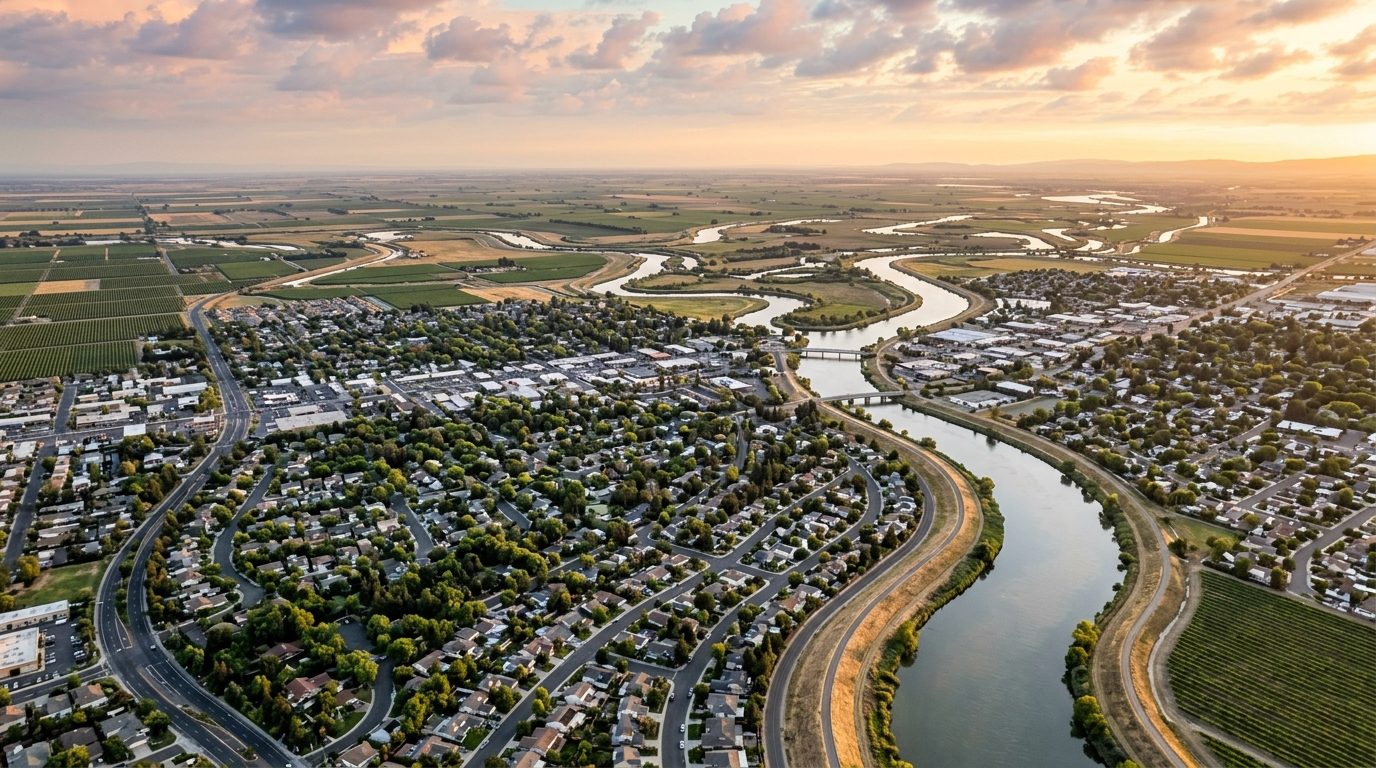 Stockton, CA — Central Valley river delta city at with a slow-moving river lined