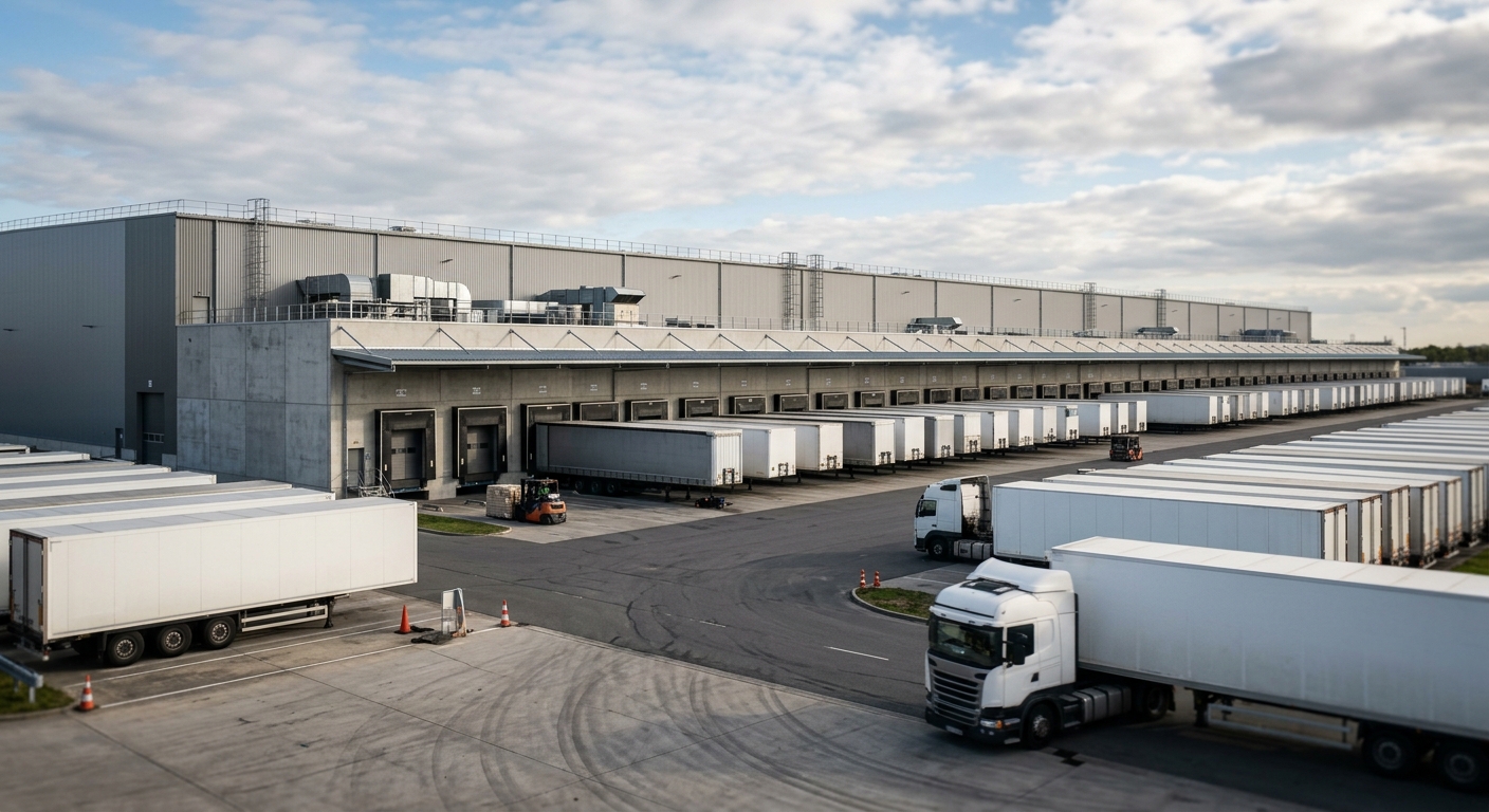 Exterior of a large modern industrial warehouse distribution center with multiple loading docks.