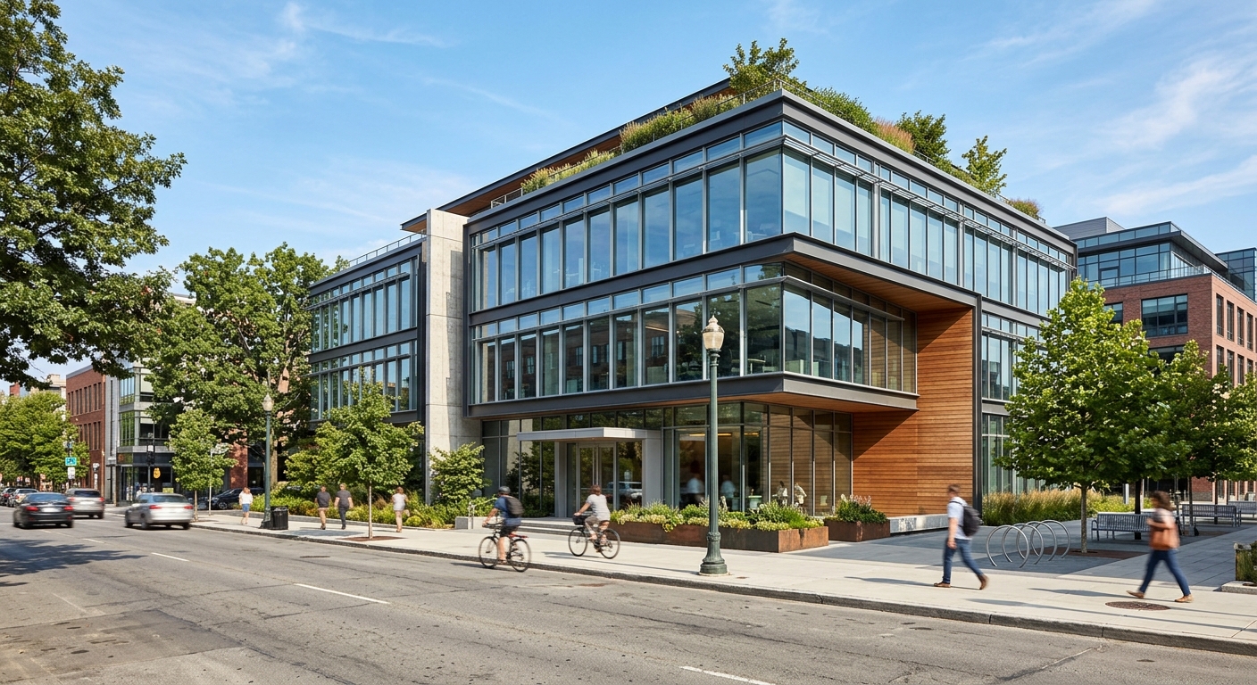 Exterior of a modern low-rise office building in an urban design district under a clear sky.