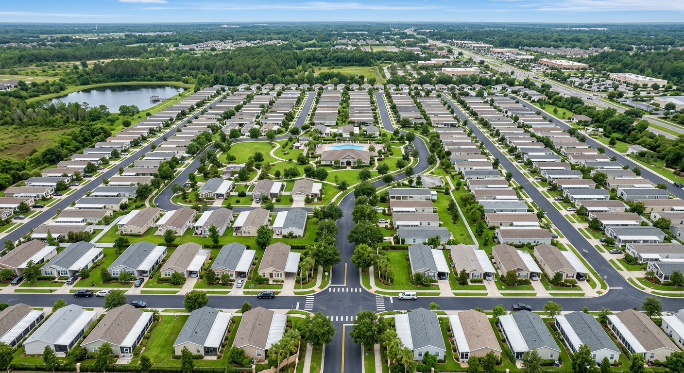 Aerial view of a landscaped manufactured housing community.