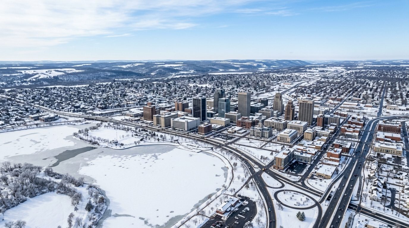 Syracuse, NY — Downtown Syracuse's skyline beside Onondaga Lake with rolling snow-dusted hills