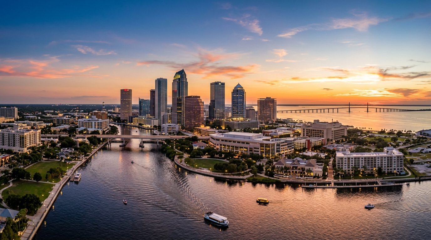 Tampa, FL — A wide photorealistic panorama of the Tampa skyline, Hillsborough River and Tampa Bay under clear sunset light, with no