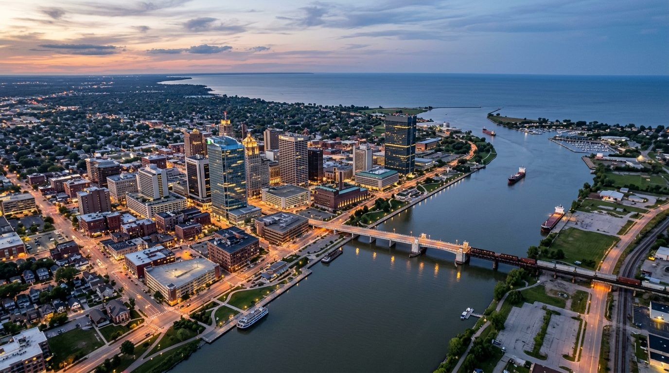 Toledo, OH — Downtown Toledo's skyline along the Maumee River as it meets Lake Erie