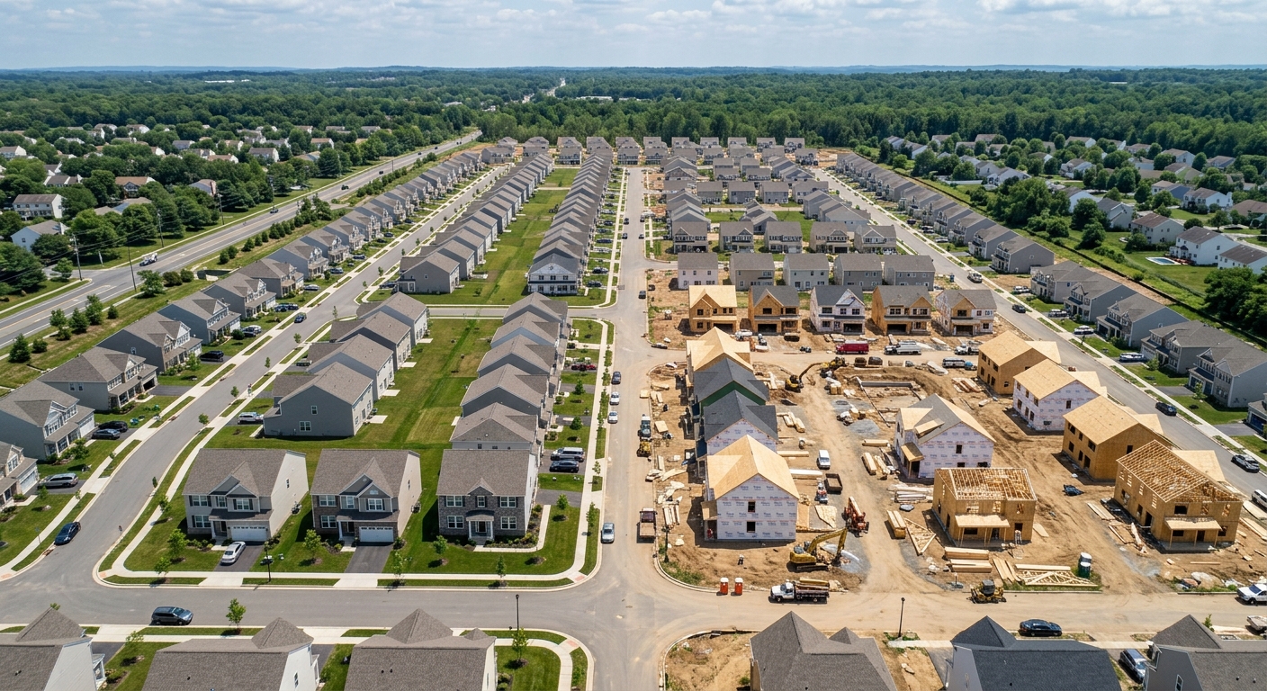 An aerial view of a suburban new-home development with rows of houses under construction.