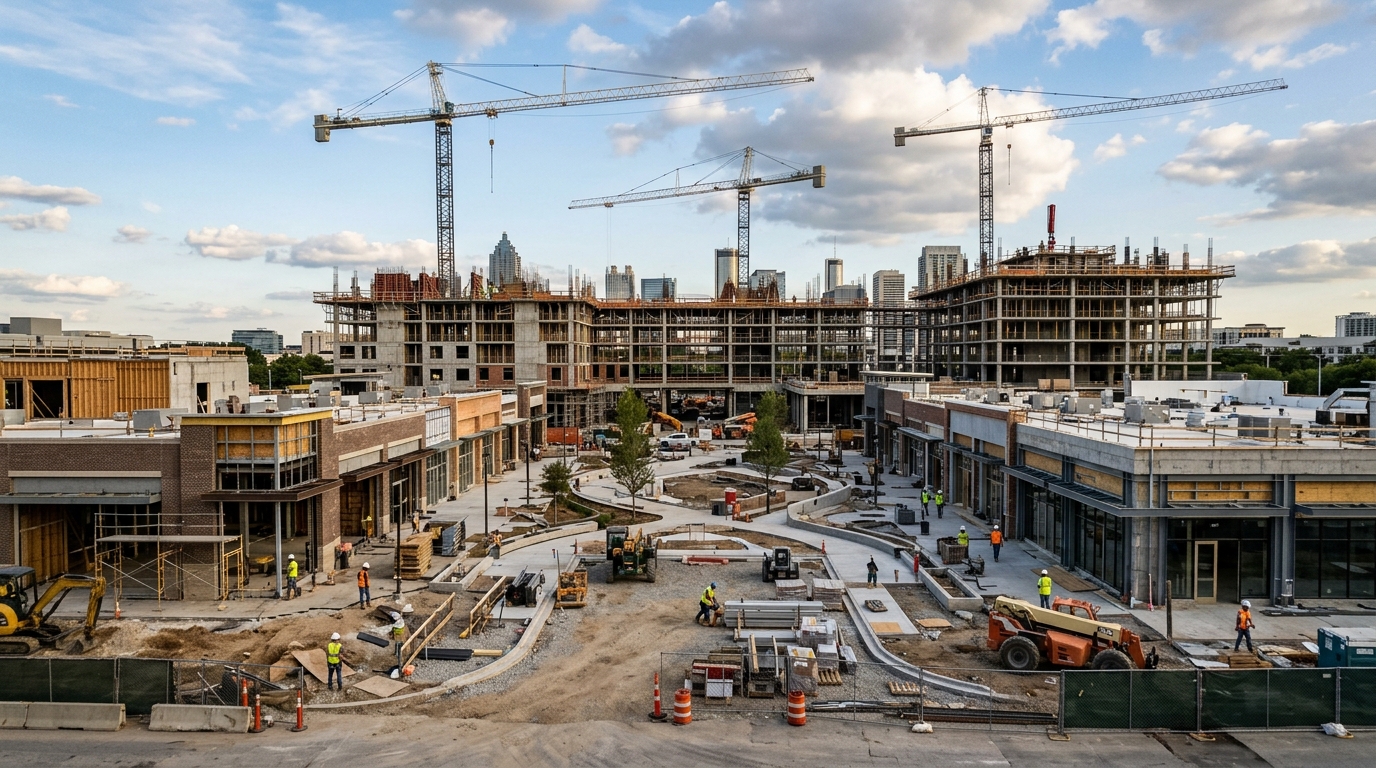 Mixed-use retail and dining development under construction, representing a Texas shopping center redevelopment.
