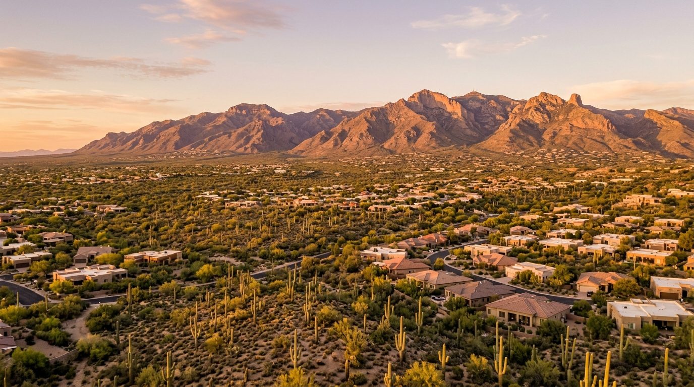 Tucson, AZ — Tucson desert valley filled with saguaro cacti and low-rise homes