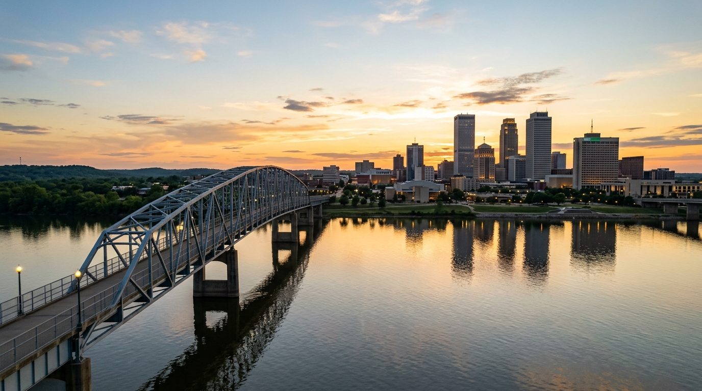 Tulsa, OK — Downtown Tulsa's skyline reflected along the Arkansas River, with a historic