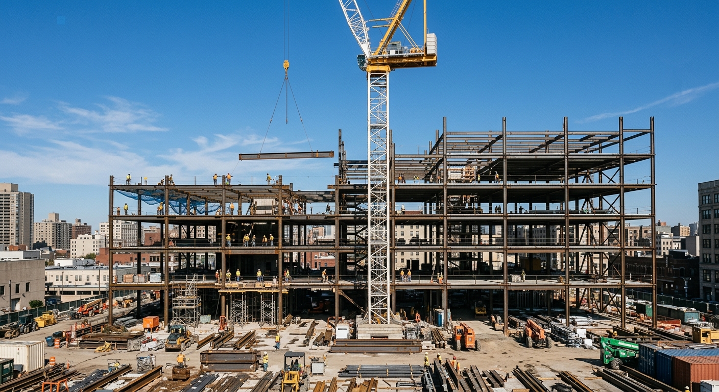 An active commercial construction site with a steel-frame building and a tower crane.