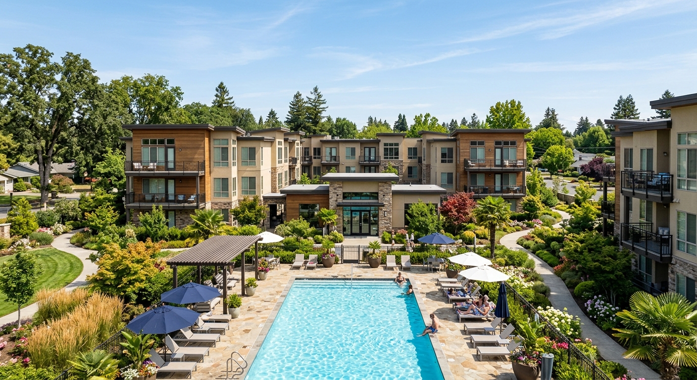 A modern garden-style apartment complex with landscaping and a pool area in a suburban setting.