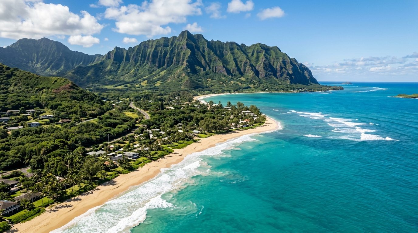 Urban Honolulu, HI — Oahu's Windward coastline with turquoise Pacific surf breaking along