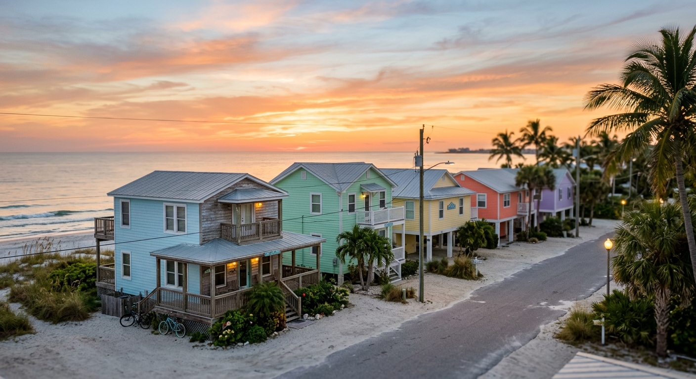 Pastel coastal beach houses along a Florida shoreline at sunset.