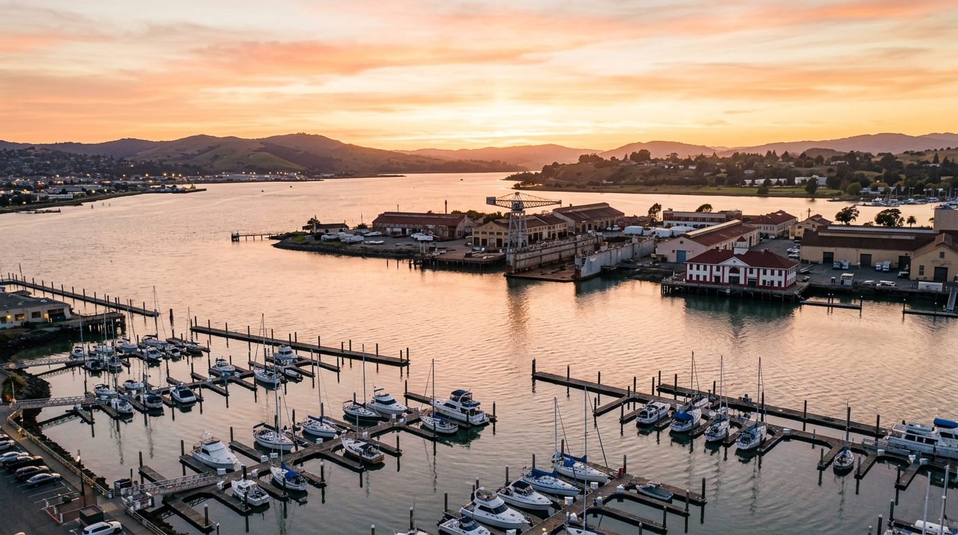 Vallejo, CA — Vallejo's waterfront along the Napa River near the Mare Island shoreline at with marina docks, rolling North