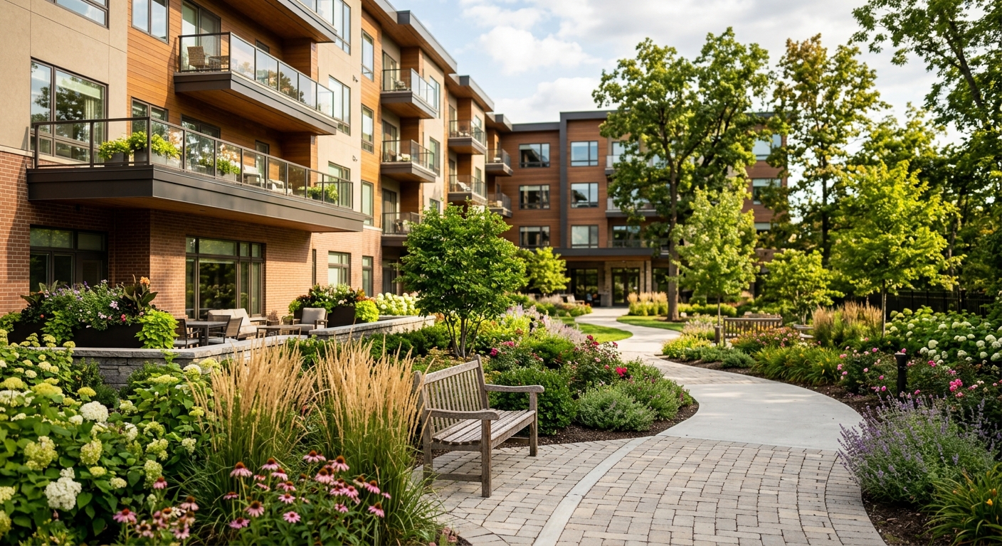 Exterior courtyard of a modern senior living community with landscaped walking paths
