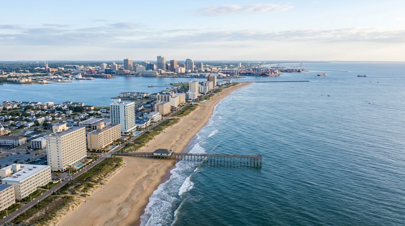 Virginia Beach, VA — A wide photorealistic coastal panorama showing the Virginia Beach shoreline, Norfolk skyline and Chesapeake Bay waters i