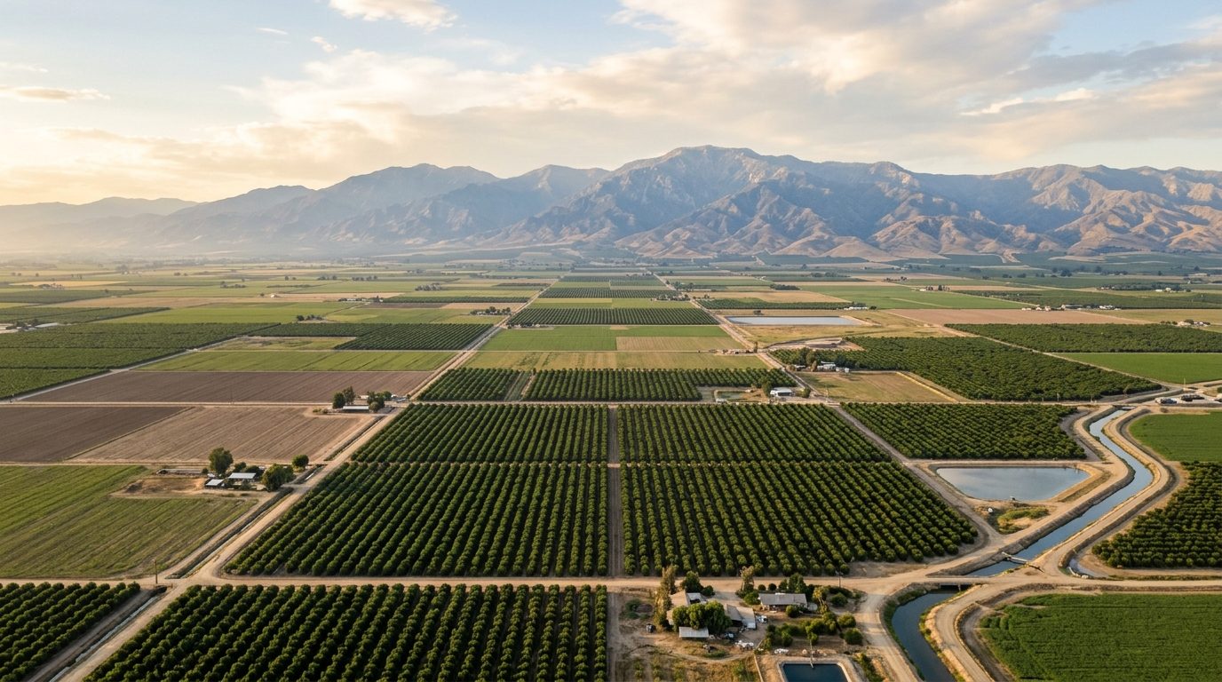 Visalia, CA — Flat San Joaquin Valley farmland and orange citrus groves stretching toward the hazy blue foothills of the