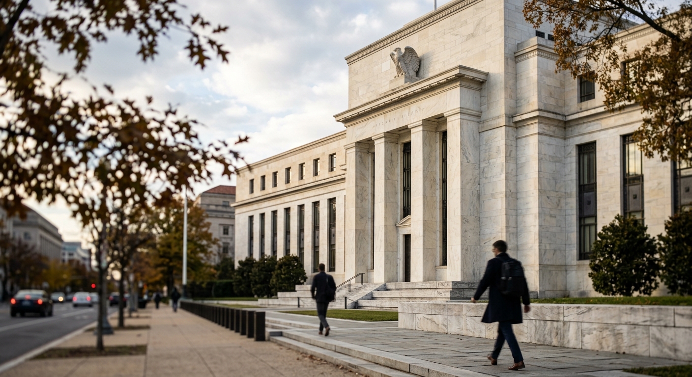 Exterior of the Federal Reserve building in Washington, D.C., under natural daylight.