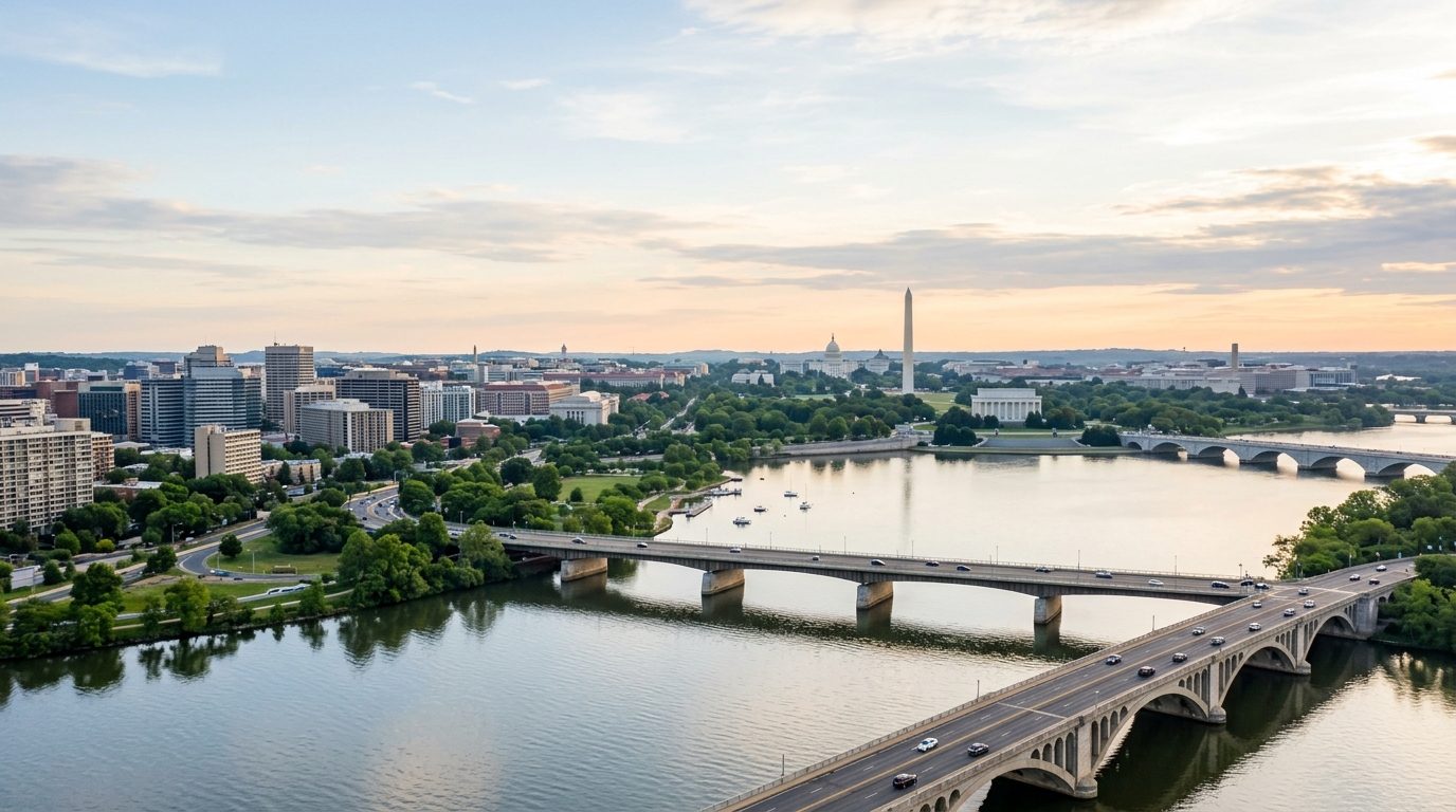 Washington, DC — A wide photorealistic view across the Potomac River showing the Washington skyline, Arlington and the bridges in soft mo