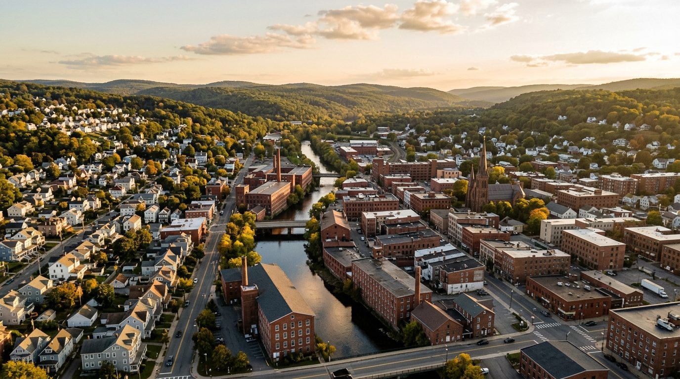 Waterbury, CT — Historic New England river-valley mill city at with brick factory buildings and a church-spired downtown