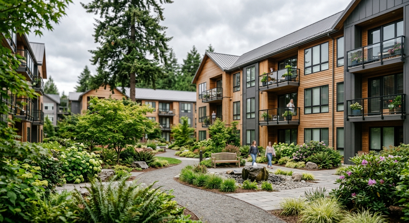 Exterior view of a garden-style apartment community with landscaped grounds in the Pacific Northwest.