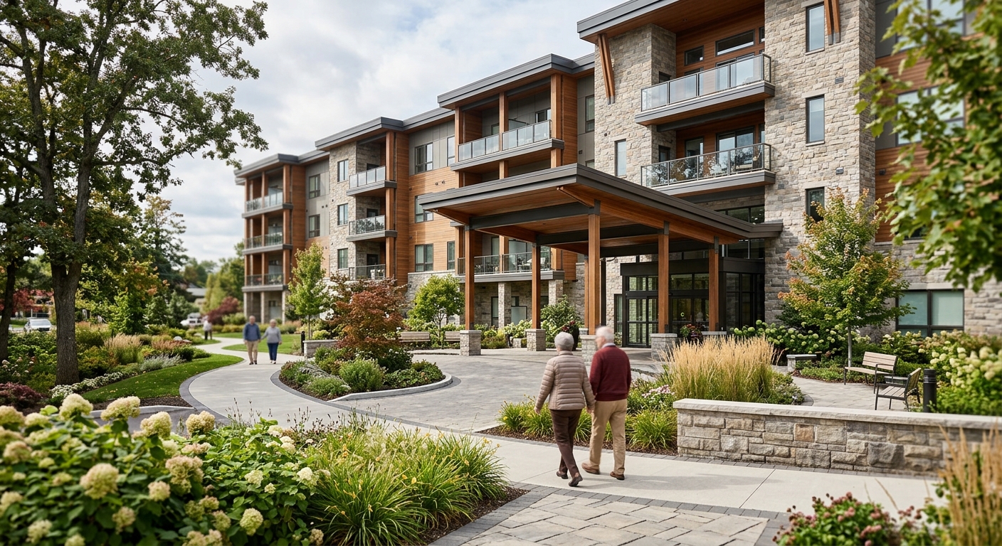 Exterior of a modern senior living community with landscaped grounds.