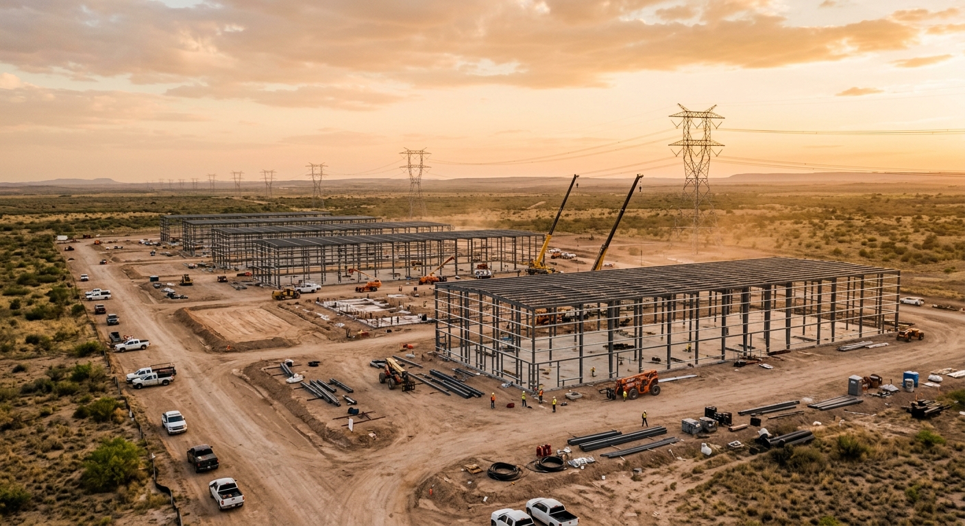 Aerial view of a large data center campus under construction on flat Texas rural land with transmission lines in the distance