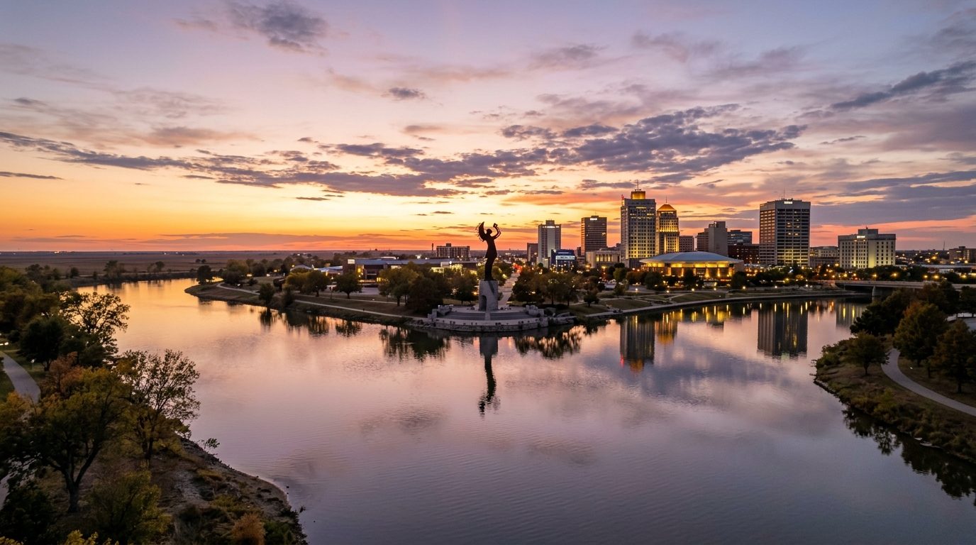 Wichita, KS — Wichita, Kansas at showing the downtown skyline reflected at the confluence