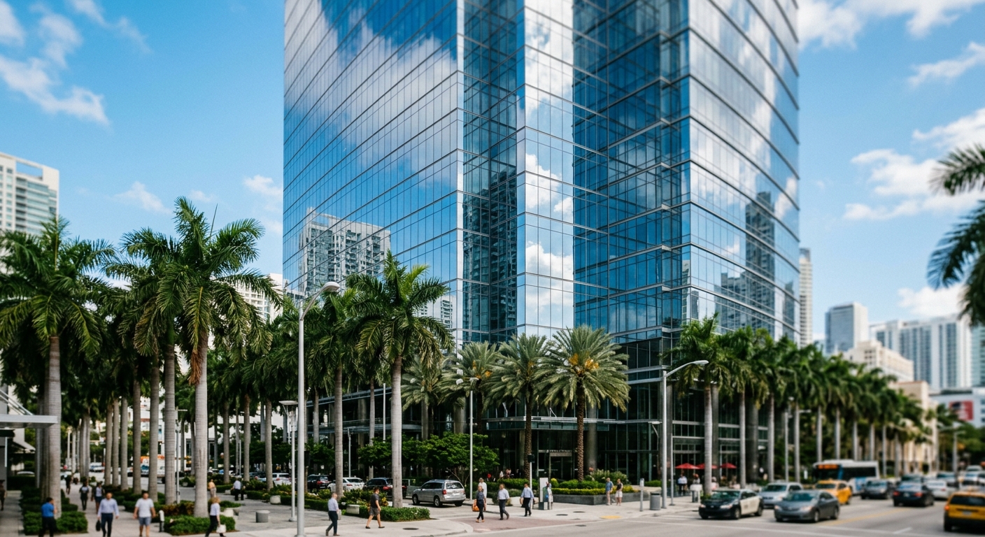 A tall glass-clad office skyscraper rising above an urban Houston streetscape under a clear sky.