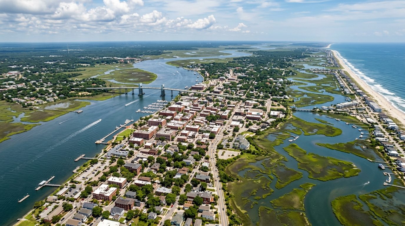 Wilmington, NC — Southeastern coastal city where a broad tidal river meets barrier islands and beach, with a historic