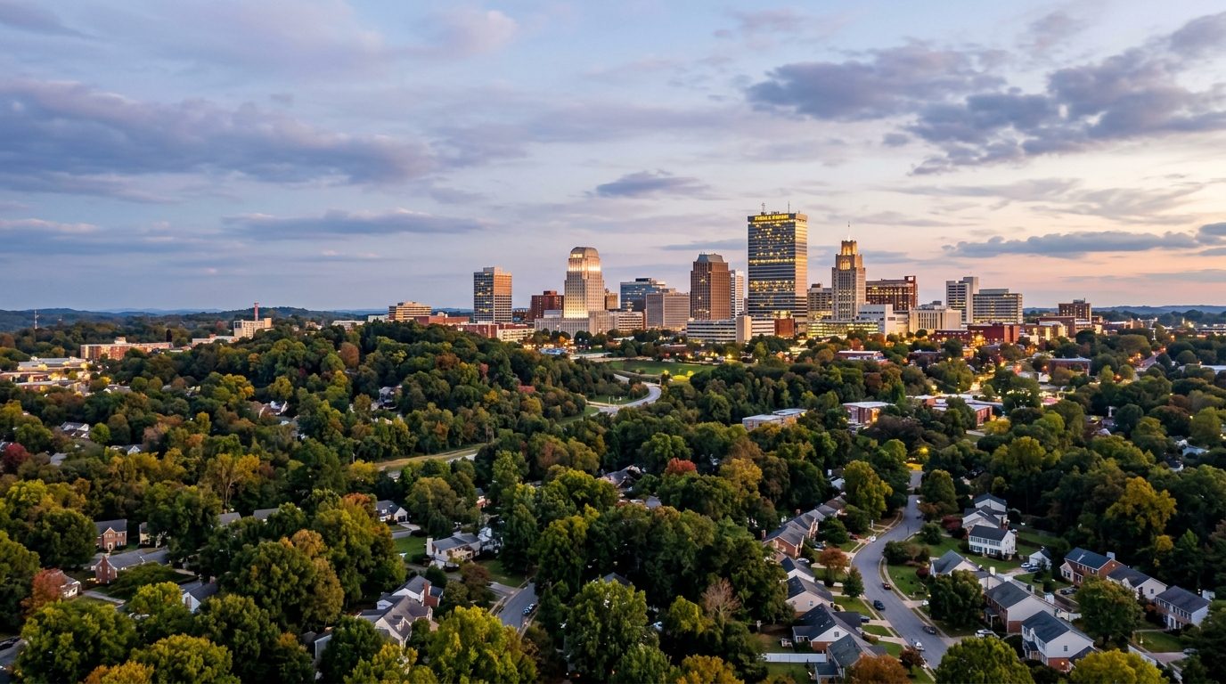 Winston, NC — Winston-Salem downtown skyline rising above rolling Piedmont hills and tree-lined