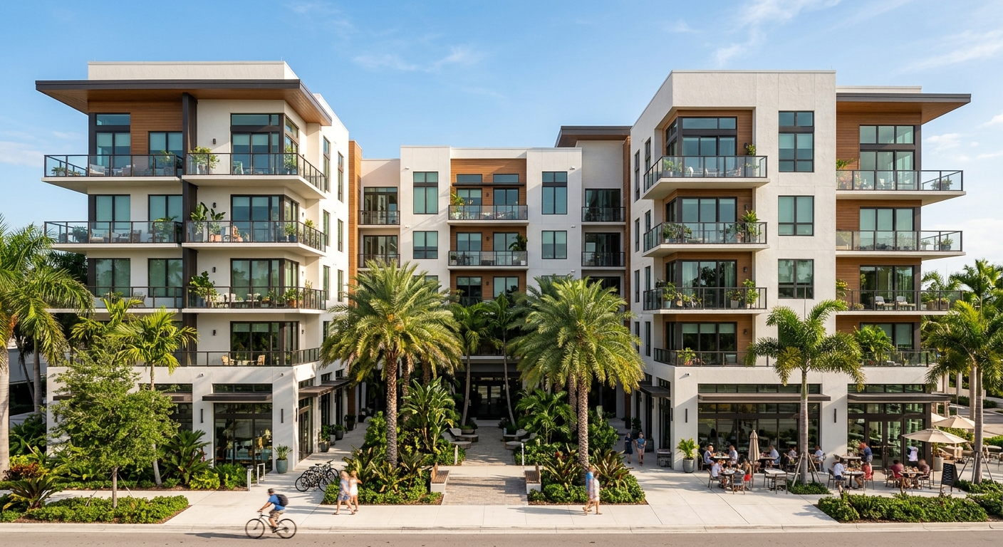 Modern mixed-use apartment building with ground-floor retail in a Florida coastal community.