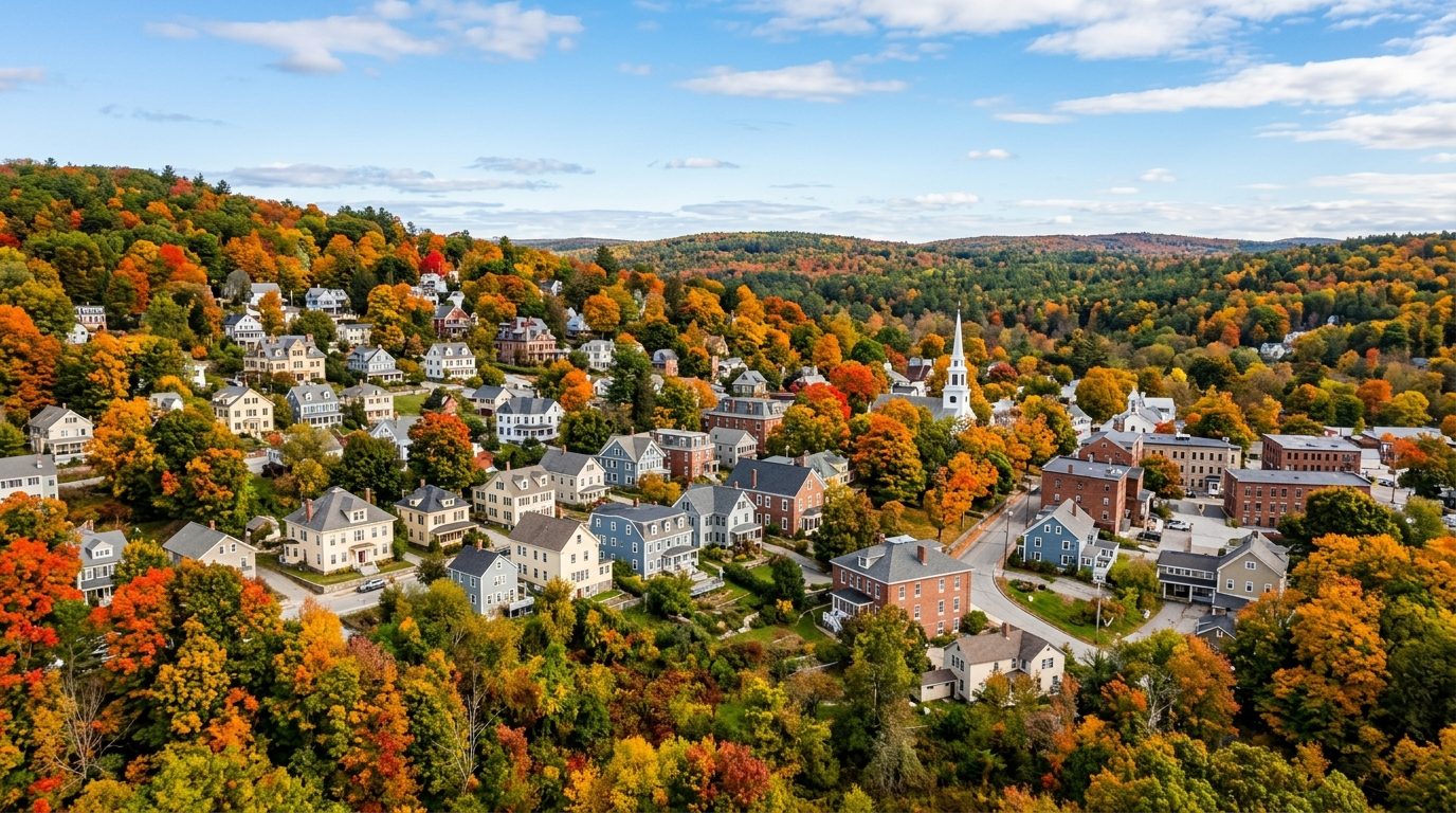 Worcester, MA — New England hillside town in autumn with historic multi-family homes and colorful foliage
