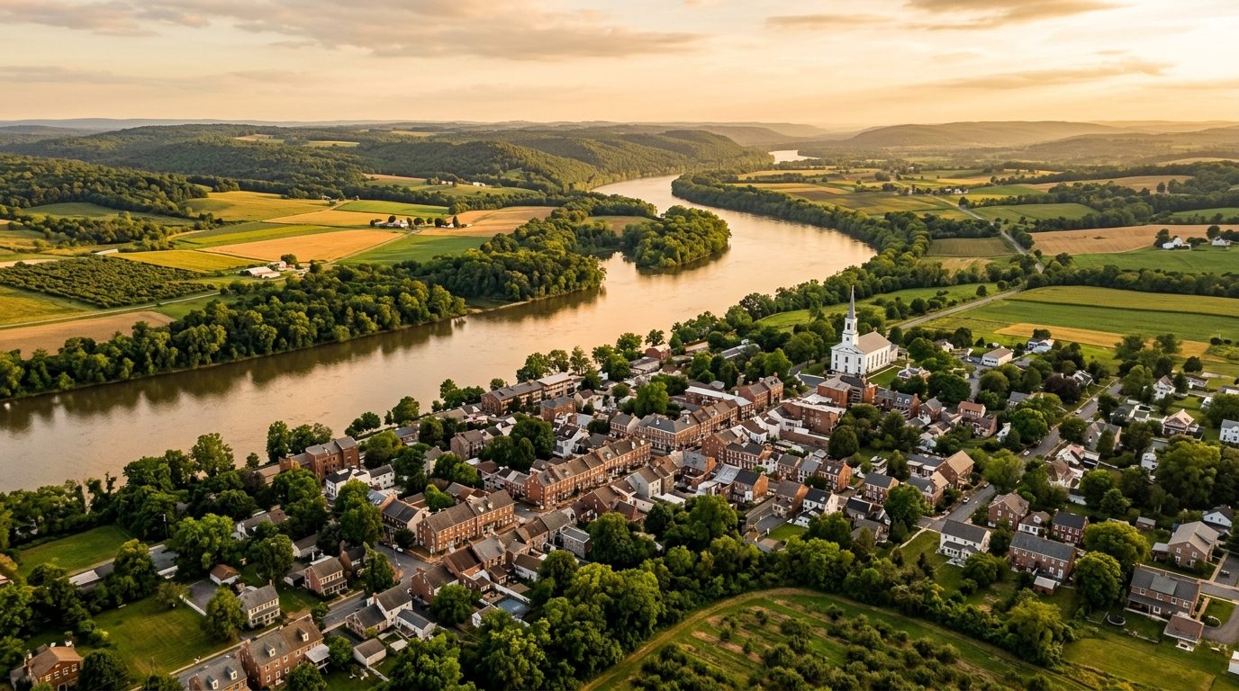 York, PA — Rolling south-central Pennsylvania farmland and low wooded hills along the Susquehanna River at with a small