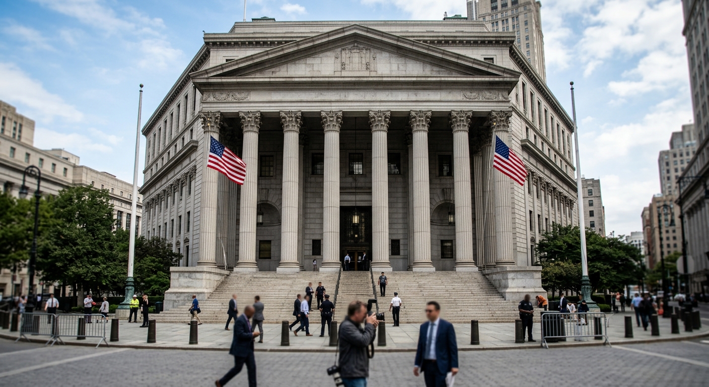 Exterior of a U.S. federal courthouse building with columns and steps.