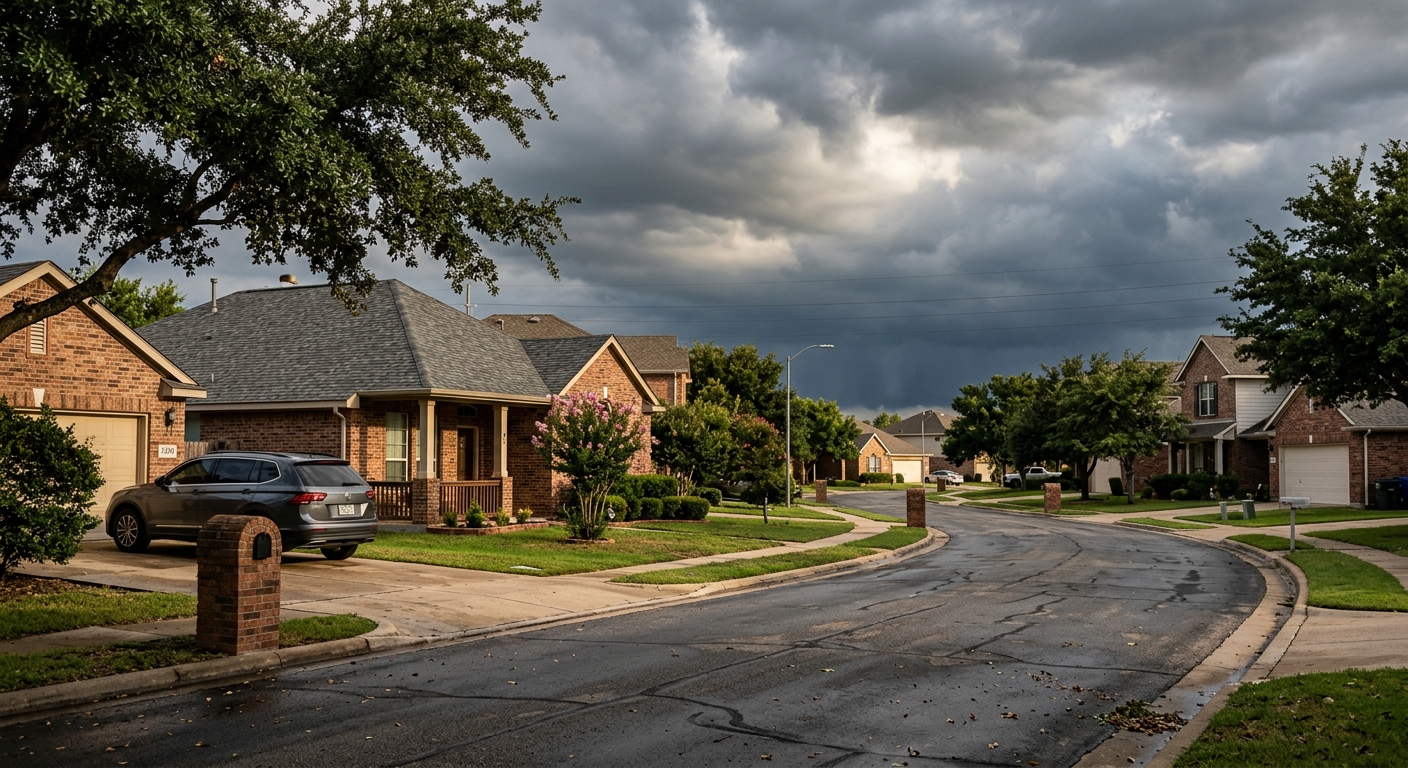 A suburban street of single-family brick homes with shingle roofs beneath an approaching storm sky.