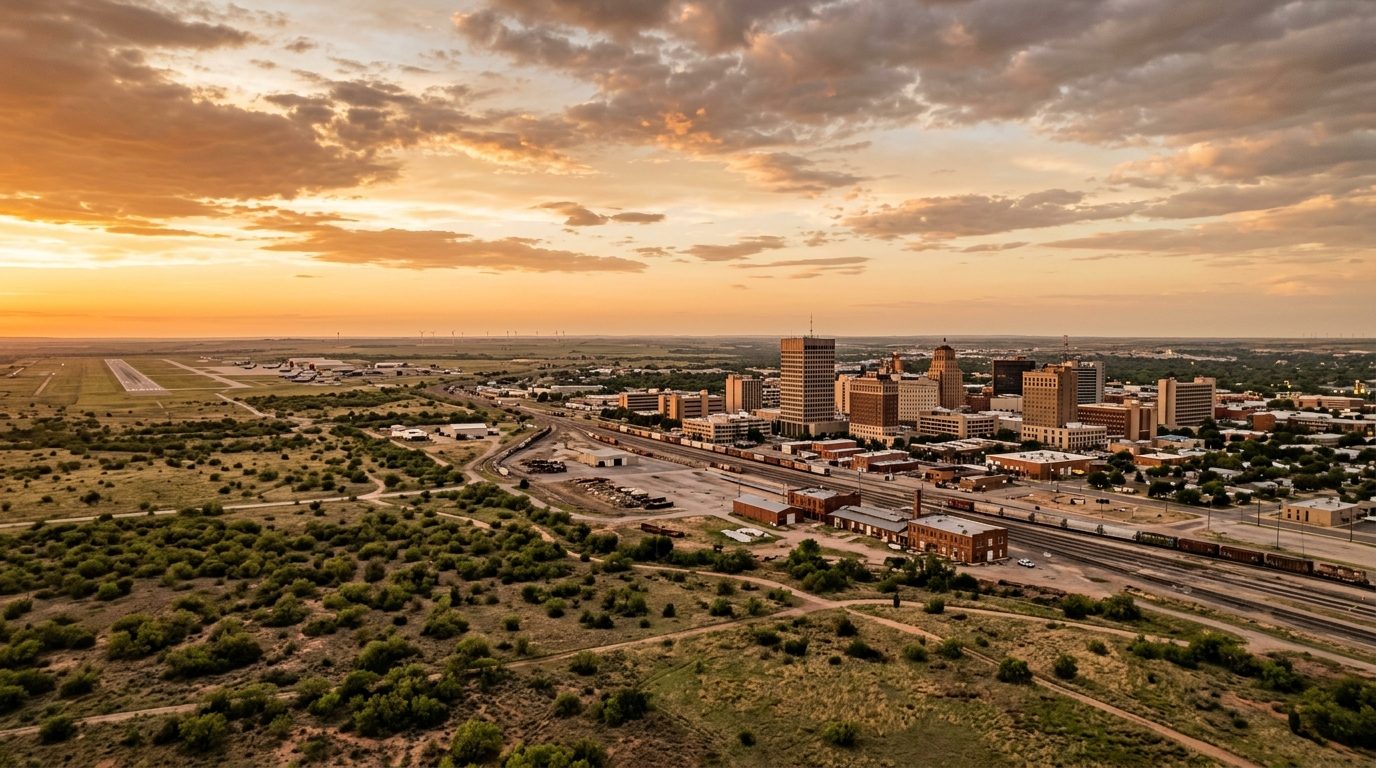 Abilene, TX — Abilene, Texas skyline and surrounding West Texas plains at with mesquite grassland, a downtown railroad-era