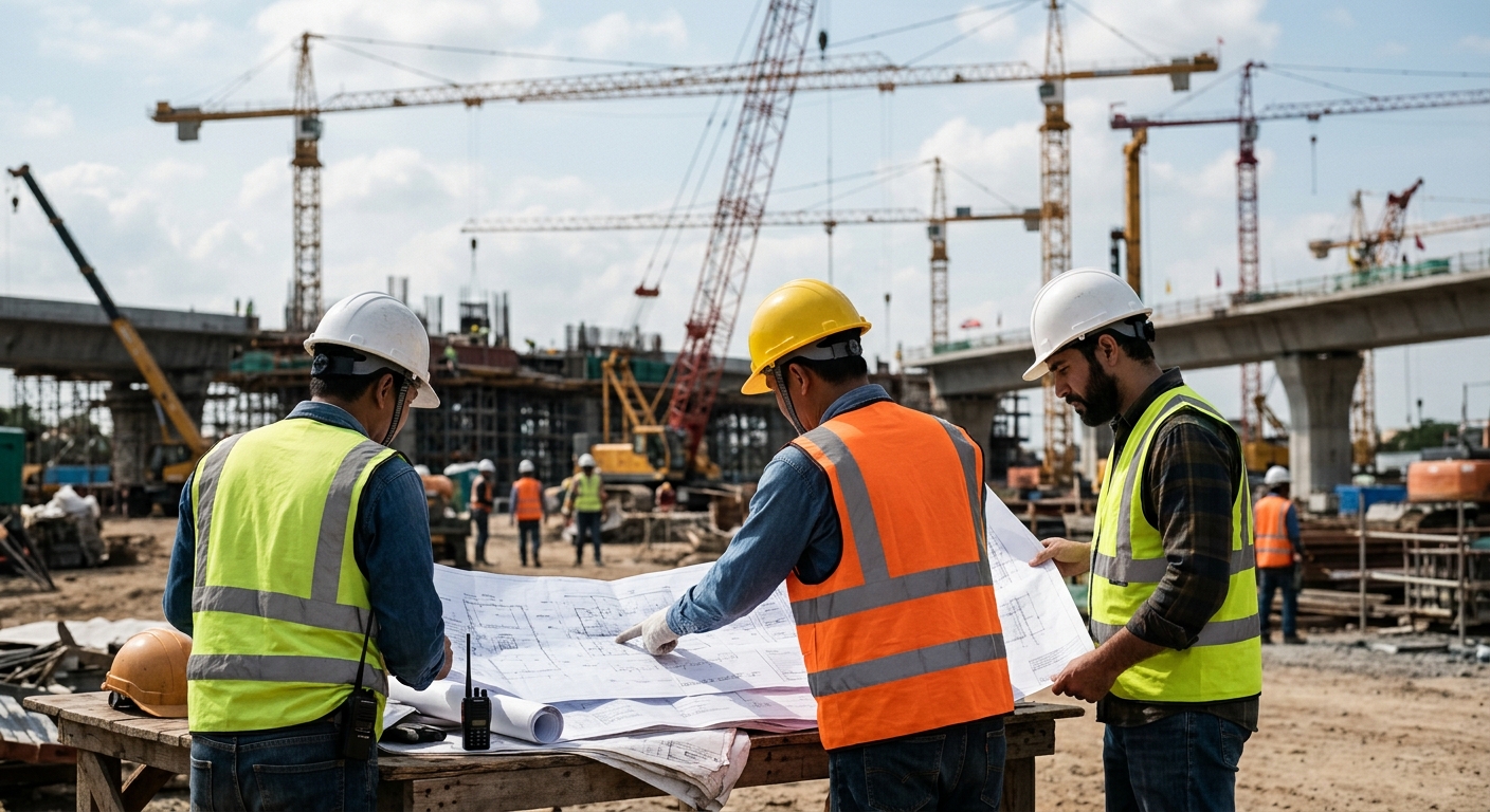 Engineers in hard hats at a large infrastructure construction site with cranes in the background.