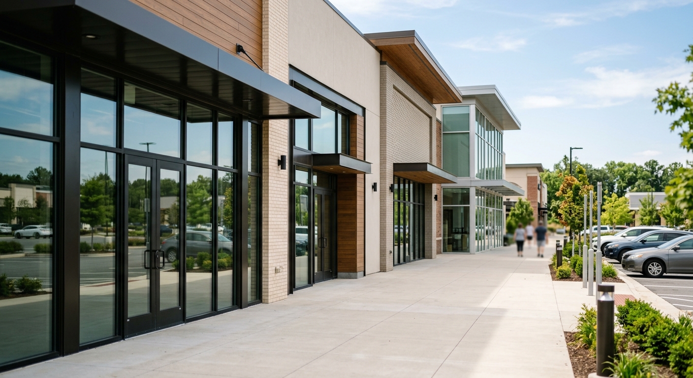 A row of modern single-tenant retail storefronts in a suburban shopping plaza.