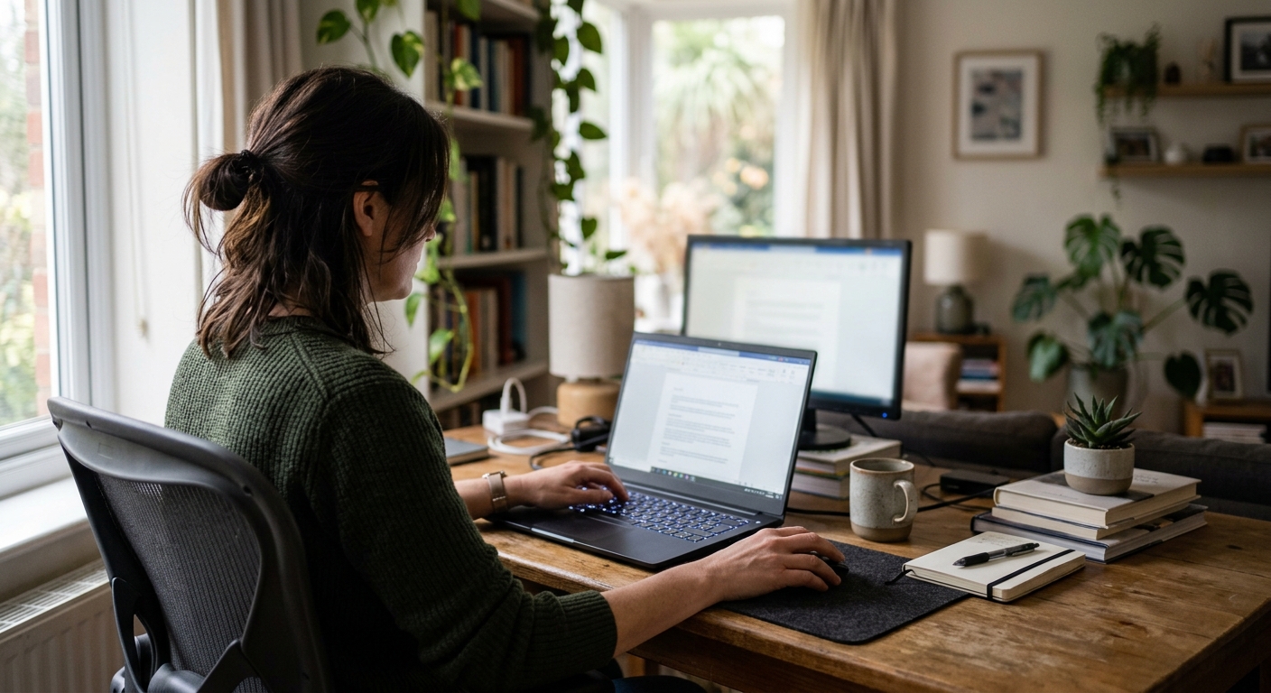 Person using a laptop at a home office desk, illustrating use of AI tools in mortgage lending