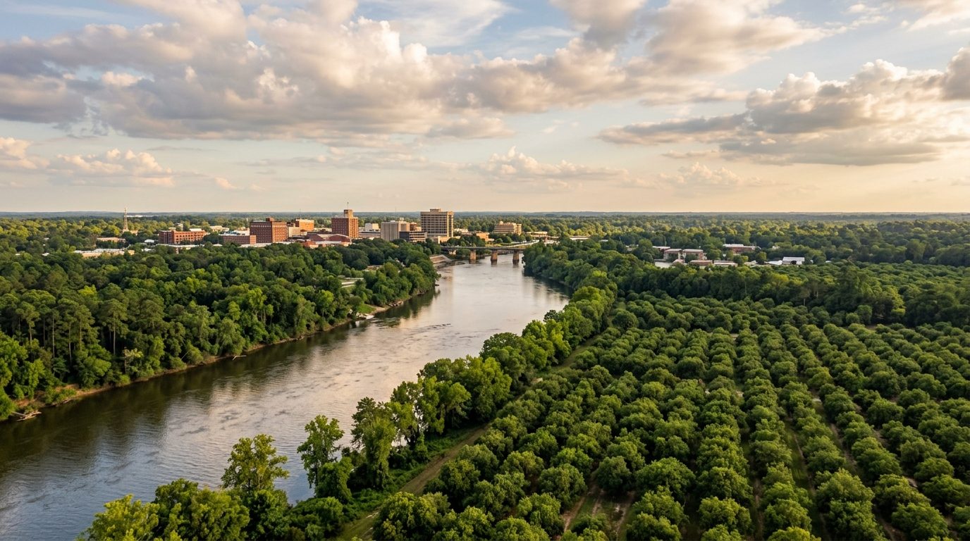 Albany, GA — Flint River winding past downtown Albany, Georgia, framed by pecan groves and pine woods under a warm