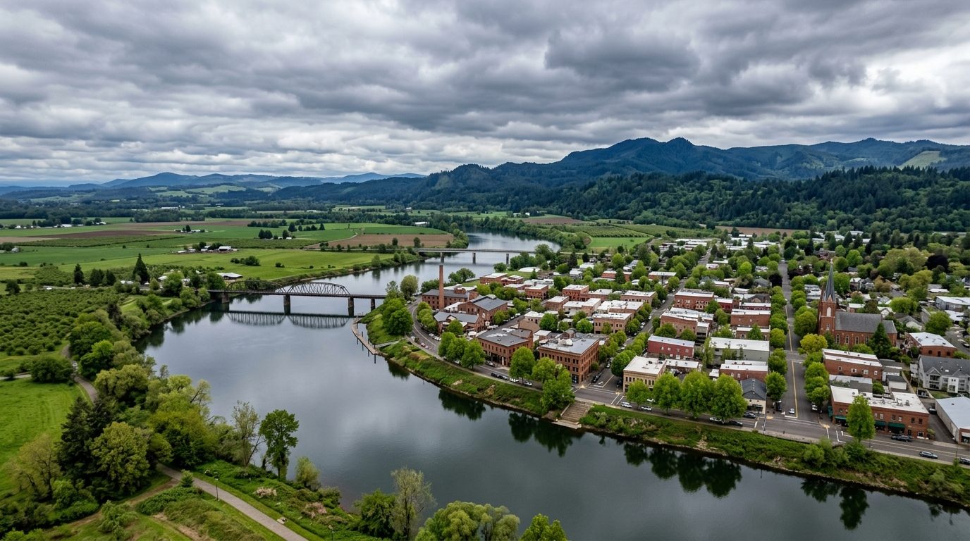 Albany, OR — Willamette River winding past a small Willamette Valley city with historic brick buildings, tree-lined