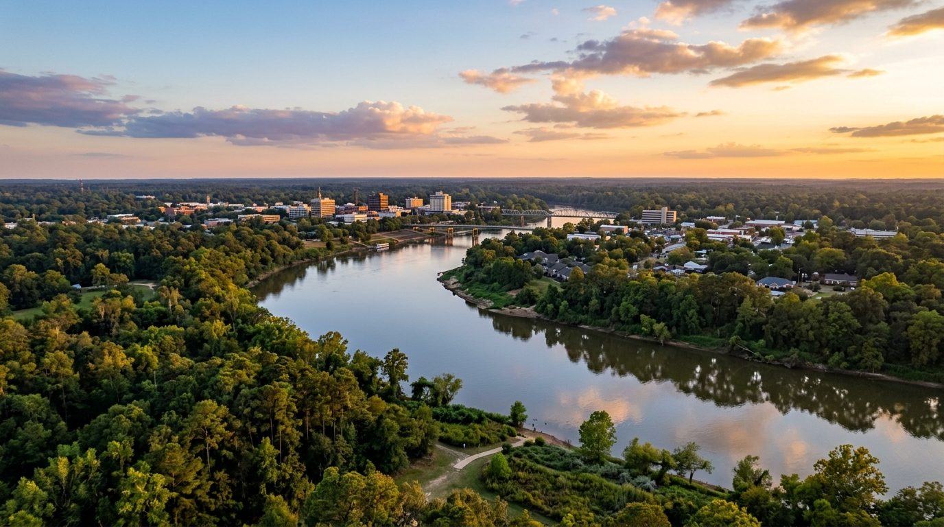 Alexandria, LA — View of the Red River winding past the tree-lined Alexandria-Pineville skyline with surrounding piney woods,
