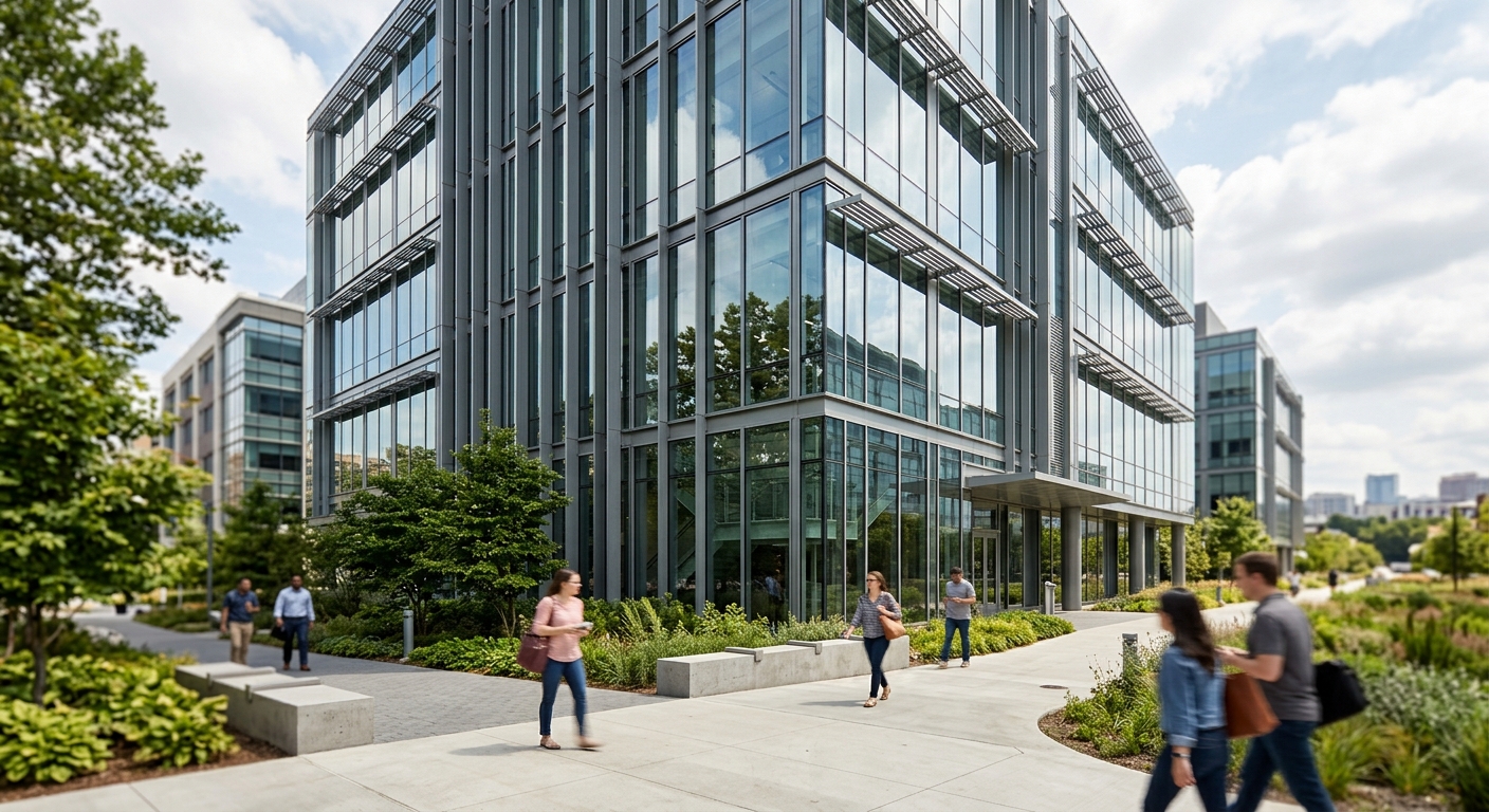 Exterior of a modern glass life-science laboratory and research building on a corporate campus