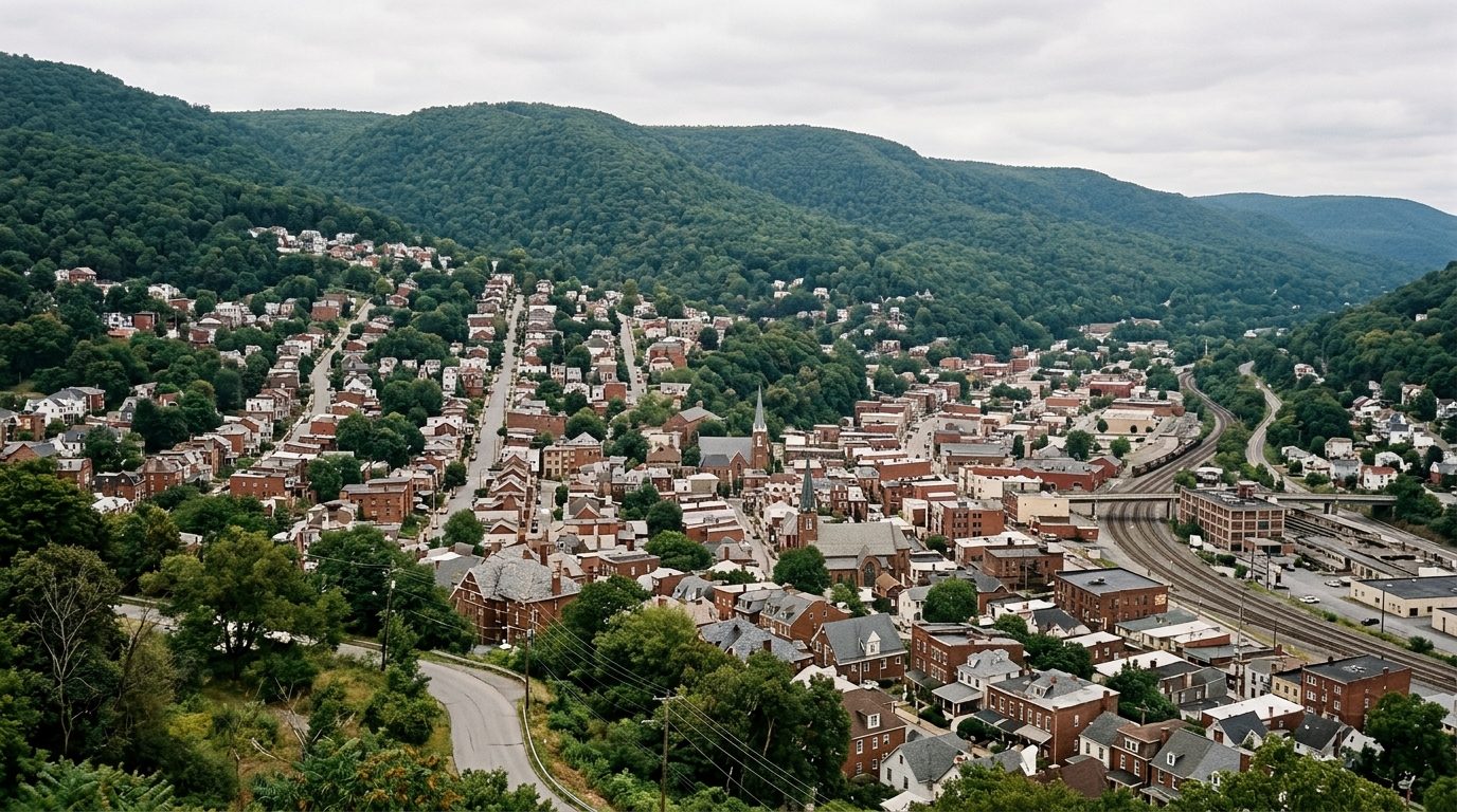Altoona, PA — Altoona, Pennsylvania nestled in a forested Allegheny Mountain valley, with older brick and frame rooftops