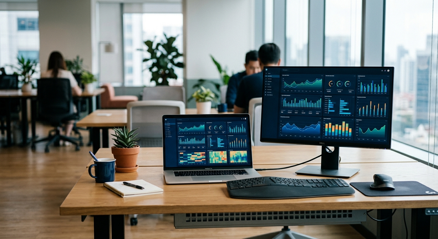 A modern office desk with a laptop and monitor showing abstract data visualizations.