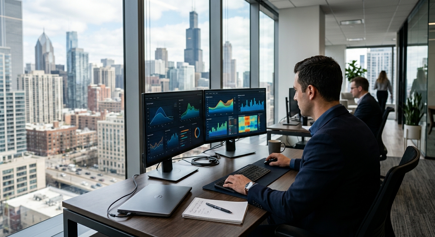 A commercial real estate analyst working at a desk with dual monitors in a modern office.