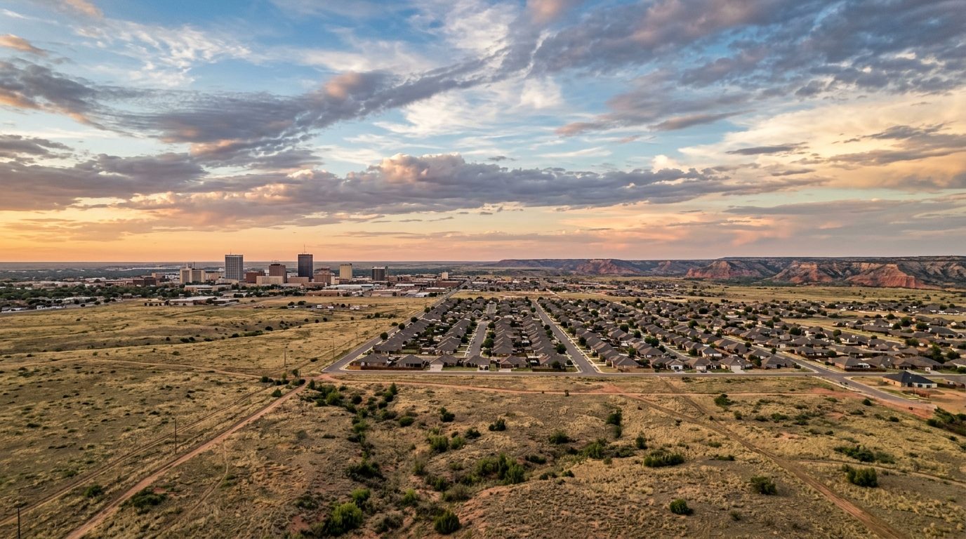 Amarillo, TX — Flat Texas Panhandle High Plains under a big open sky, with the Amarillo skyline and grid of suburban