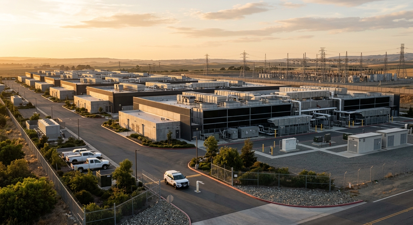 Exterior view of a large data center campus with cooling infrastructure and power transmission lines at golden hour