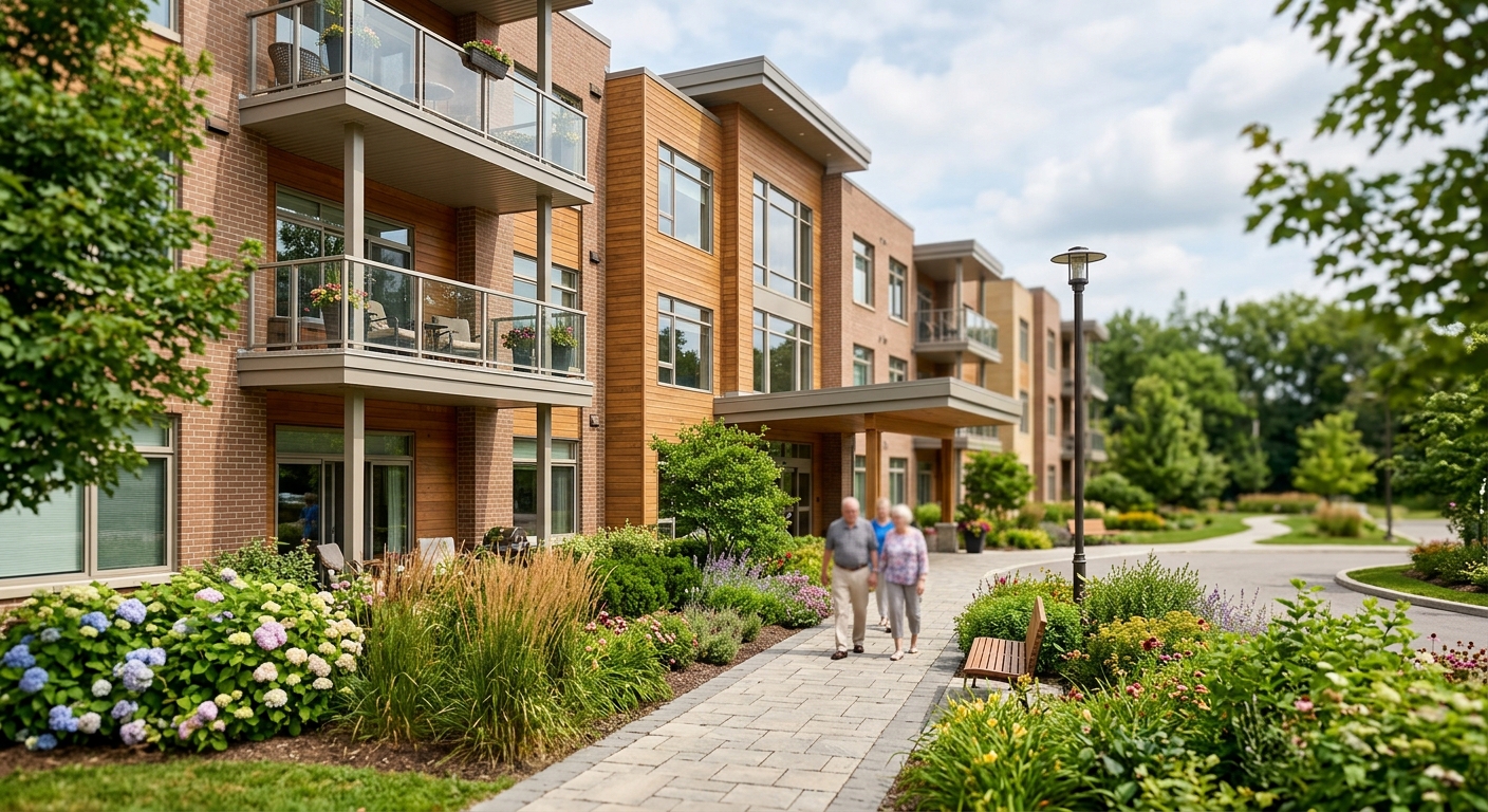 A modern senior living residential community building with landscaped grounds.